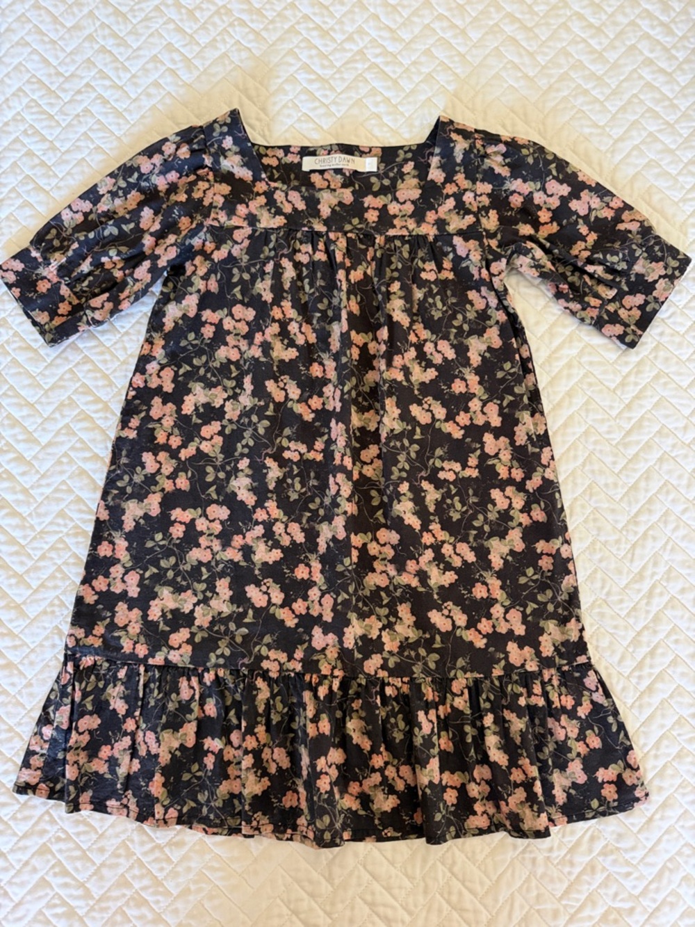 Carriage Boutique Black Dress with Pink Floral Print and Ruffle Hem